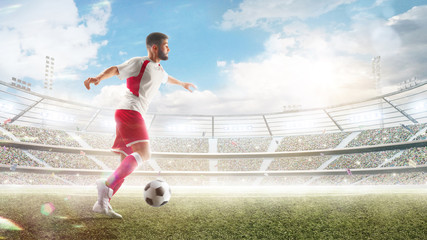 Naklejka premium Professional soccer player in action. Ball in action on the daytime soccer stadium with fans and flags. 3d football background. Sunny