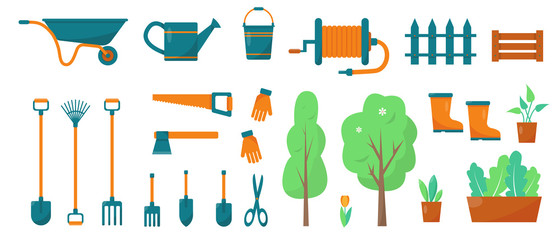 Gardening tools and plants set.