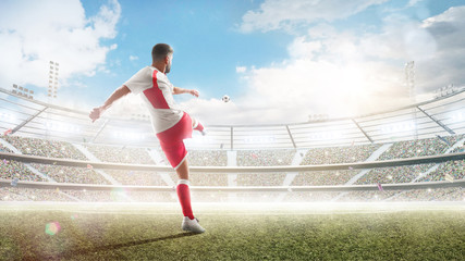 Soccer action. Professional soccer player kicking a ball. Daytime 3d stadium with fans and flags. Sport. Sunny
