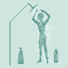 Silhouette of a man taking a shower - monochrome - light green background - vector. Hygiene.