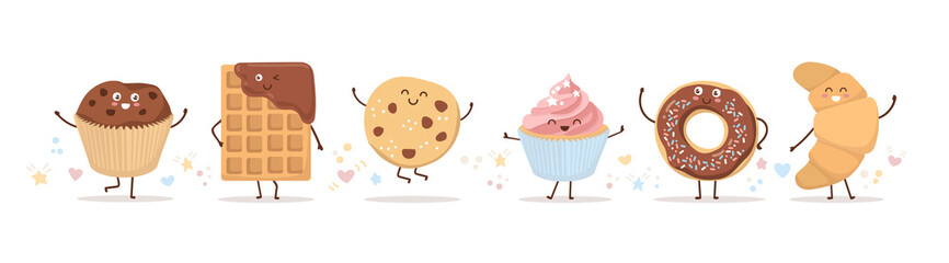 Set of cute pastry characters in trendy Kawaii style. Choco waffle, cookie, donut, muffin, and cupcake. Happy baked foods with doodle stars and hearts. Banner, card, poster design for bakery and cafe.