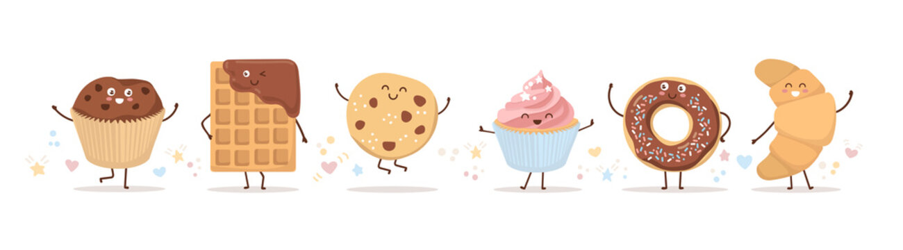 Set of cute pastry characters in trendy Kawaii style. Choco waffle, cookie, donut, muffin, and cupcake. Happy baked foods with doodle stars and hearts. Banner, card, poster design for bakery and cafe.