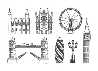 Set of vector clip art Architecture of London, the UK. Outline illustrations of Westminster Abbey, the Tower Bridge, the Tower of London, and other buildings Hand drawn doodle object isolated on white - obrazy, fototapety, plakaty