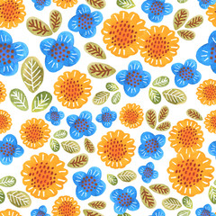 Simple Watercolor Hand Drawn Flowers, Scandinavian Style. Abstract watercolor blue and yellow flowers, seamless pattern on white background. Spring or summer design for covers, fabric, print.