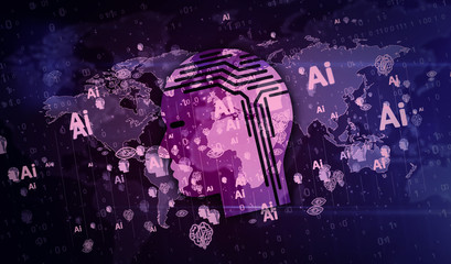 Artificial intelligence symbols on digital globe background