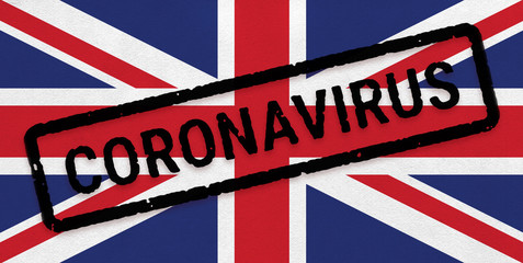 Flag of United Kingdom on paper texture with stamp, banner of Coronavirus name on it. 2019 - 2020 Novel Coronavirus (2019-nCoV) concept, for an outbreak occurs in England.