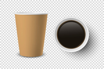 Vector 3d Realistic Brown Disposable Opened Paper, Plastic Coffee Cup for Drinks Icon Set Closeup Isolated on Transparent Background. Design Template, Mockup. Top and Front View
