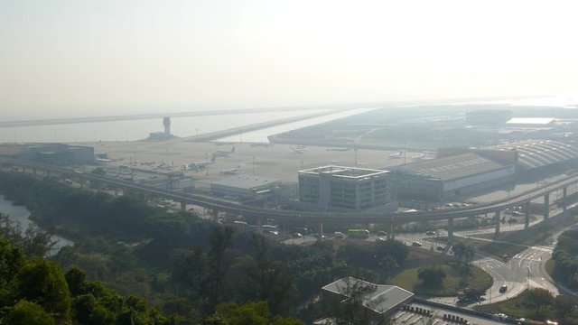 Foggy high angle view of the Macau International Airport