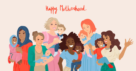 Fototapeta na wymiar Happy motherhood. Various group of moms carrying their babies. Vector illustration