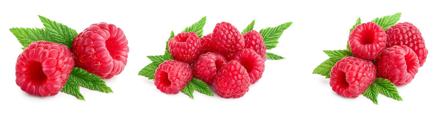 Ripe raspberries with leaf isolated on a white background, Set or collection
