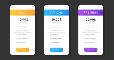 Collection of pricing plans for app and website. Tables with tariffs. Ui colums, web elements.