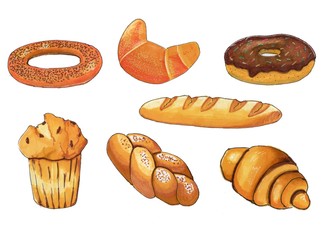 A set of bakery products.