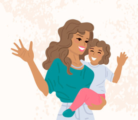 Latin mother is holding her child in arms. Vector cartoon illustration