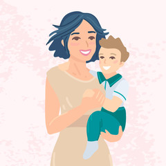 Mother is holding her child in arms. Vector cartoon illustration