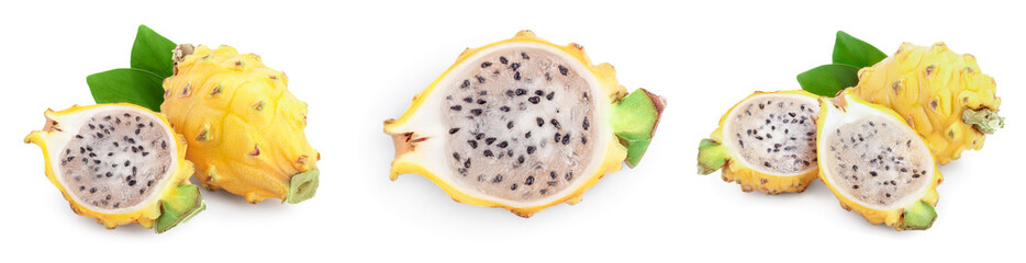 Ripe Dragon fruit, Pitaya or Pitahaya yellow isolated on white background, fruit healthy concept. Set or collection