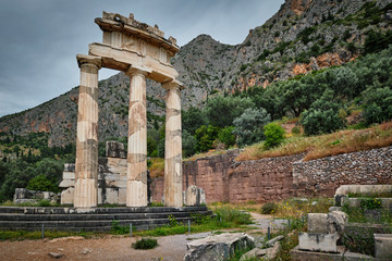 Athena Pronoia temple ruins in ancient Delphi, Greece