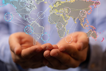 Digital hologram of the Earth with satellites on orbit. Digital globe with statistics data..