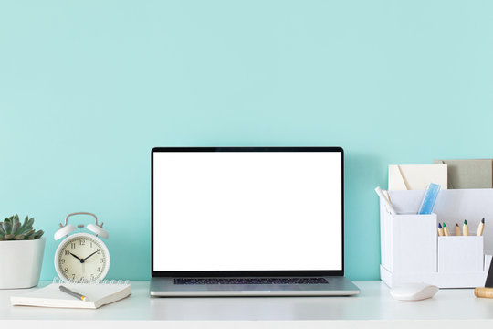 Modern Mockup With Office Desk On White Background.