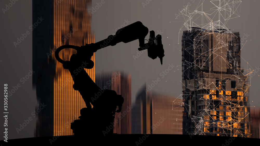 Fototapete Silhouette of modern automation robot arms with Ai assistant technology network concept and metropolis city building background.