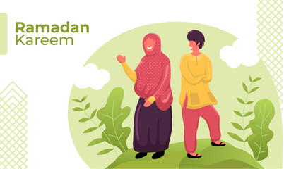 A happy couple welcomes the month of Ramadan Kareem. in a beautiful garden. flat design style. vector illustration people.