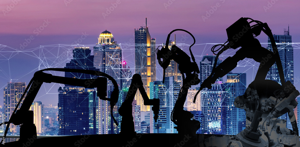 Poster Silhouette of modern automation robot arms with Ai assistant technology network concept and metropolis city building background.