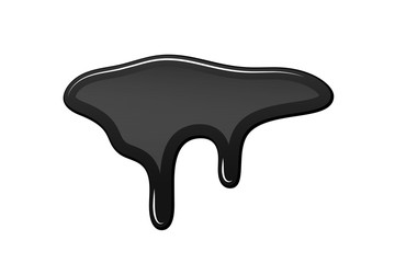 Drip paint 3D. Ink stain. Drop melt liquid isolated on white background. Splash of chocolate, oil, blood. Black graffiti. Splatter syrup, candy sauce, caramel. Vector illustration