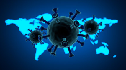 Virus covid-19 model on blue glow tech map