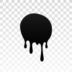 Drip paint. Ink stain. Drop melt liquid isolated on white transparent background. Splash of chocolate, oil, blood. Black splatter syrup, candy sauce, caramel. Color easy to edit. Vector illustration