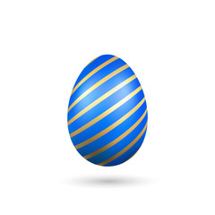 Easter egg 3D icon. Blue gold egg, isolated white background. Bright realistic design, decoration for Happy Easter celebration. Holiday element. Shiny pattern. Spring symbol. Vector illustration