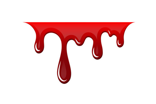 Blood drip 3D. Drop blood isloated white background. Happy Halloween decoration design. Red splatter stain splash spot, horror blot. Bleeding bloodstain scare texture. Liquid paint. Vector illustraton