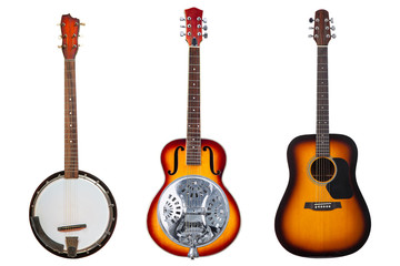 a set of three classic stringed musical instruments a six-string resonator guitar, a six- string...