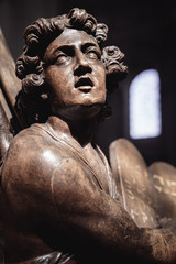 Wooden Evangelist Statue as a Pulpit decoration inside a church in Grimbergen Belgium by Flemish sculptor Hendrik Frans Verbruggen (1654-1724)