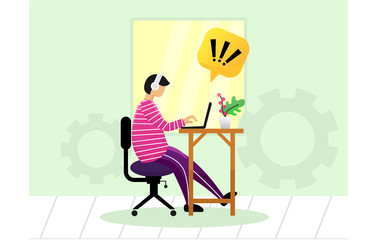 people who are working in front of a laptop. in the room and use headphones. flat design, vector illustration