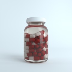 Drug glass 3D medical bottle with pills. Mockup Template of medicine packaging for pills, capsule, drugs, vitamins. Sports and health life supplements. 3D rendering. 3D Mock up for your design.  