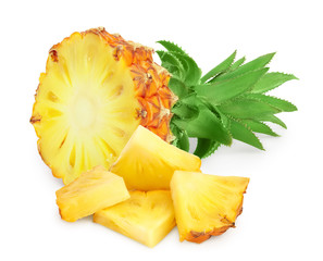 pineapple half and slices isolated on white background with clipping path and full depth of field