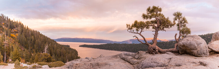 Fototapeta na wymiar Panoramic sunset view over a tree growing from the rock at Emerald Bay State Park Lookout in Lake Tahoe