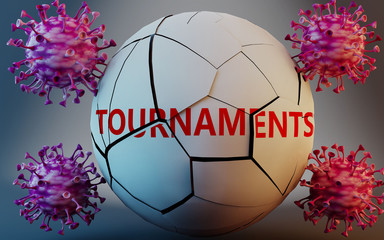 Fototapeta premium Coronavirus and tournaments, symbolized by viruses destroying word tournaments to picture that Covid-19 pandemic affects tournaments in a very negative way, 3d illustration