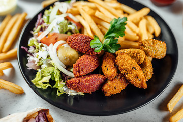 Kebab shop food on bright background, street food restaurant