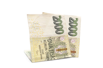 Two thousand czech krona bills on white.
