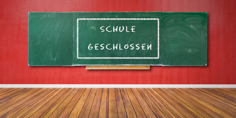 German Text "Schule geschlossen" at green chalkboard, blackboard texture with copy space hangs on red grunge wall and wooden floor 3D-Illustration