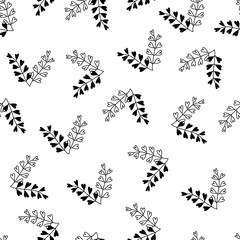 Simple twigs with leaves. Seamless vector pattern. Black and white.Outlines and silhouettes. Hand-drawn Botanical backgrounds for fabric, paper , and other surfaces.