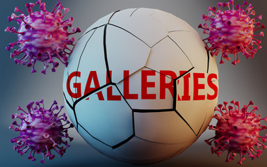 Fototapeta premium Coronavirus and galleries, symbolized by viruses destroying word galleries to picture that Covid-19 pandemic affects galleries in a very negative way, 3d illustration