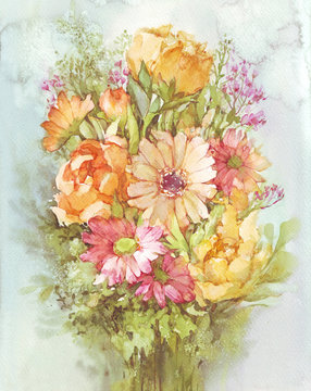 Cute Sunny Watercolor Floral Bouquet. Flowers watercolor illustration. Manual composition. Mother's Day, wedding, birthday, Easter, Valentine's Day. Pastel colors. Spring. Summer.
