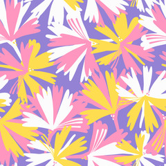 Fototapeta na wymiar Modern seamless vector botanical pattern with seasonal spring flowers chicory or cornflower in purple tones. Can be used for printing on paper, stickers, badges, bijouterie, cards, textiles. 