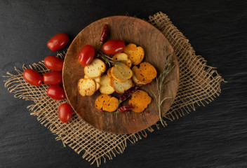 Fototapeta premium Crunchy Croutons, Bruschetta Crackers, Rusks or Small Fried Bread