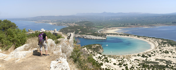 Panoramic view of bay and lagoon Voidokoilia from fortress Palaikastro in Peloponnese,Greece