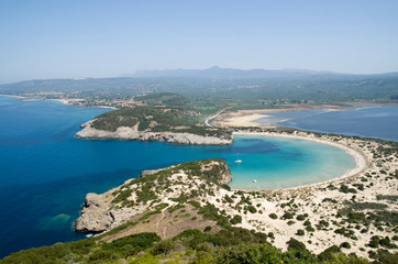 Fototapeta na wymiar Panoramic view of bay and lagoon Voidokoilia from fortress Palaikastro in Peloponnese,Greece