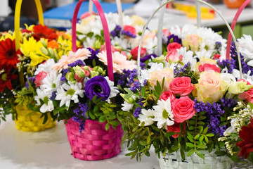 Flower delivery service. Florist background. Manufacturer of floral arrangements.