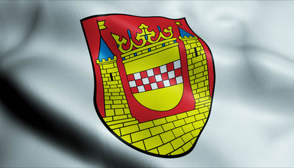3D Waving Germany City Coat of Arms Flag of Plettenberg Closeup View