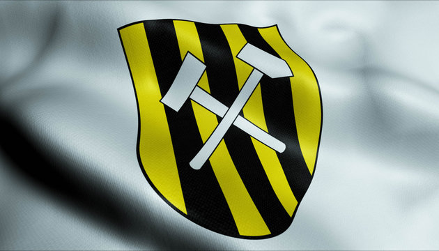 3D Waving Germany City Coat of Arms Flag of Pockau Lengefeld Closeup View